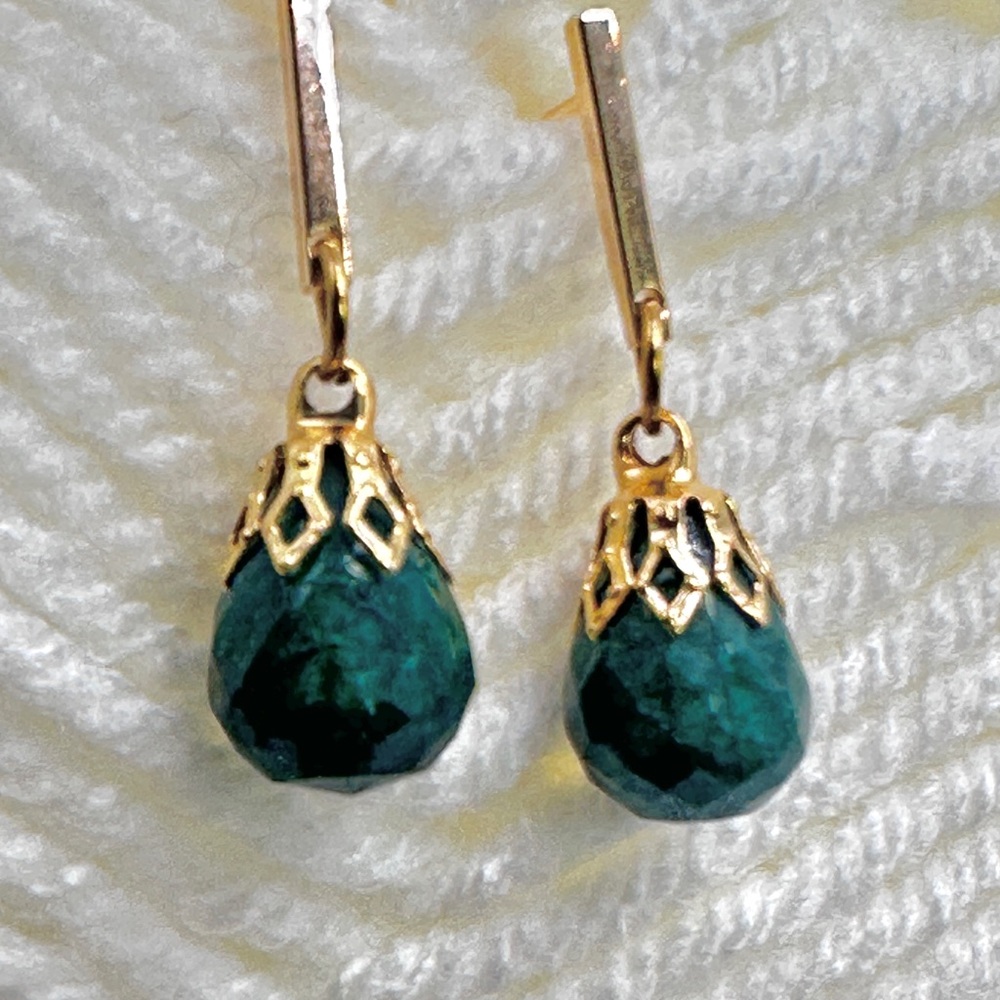 18K Gold Plated Natural Emerald Stud Earrings. Approximately 1” in length